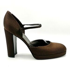 SERGIO ROSSI BROWN SATIN PUMPS MARY JANE CHUNKY HEELS PLATFORM DEADSTOCK 90s 39